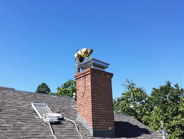 Grafton Chimney Sweep technician measuring a chimney cap in Grafton, MA