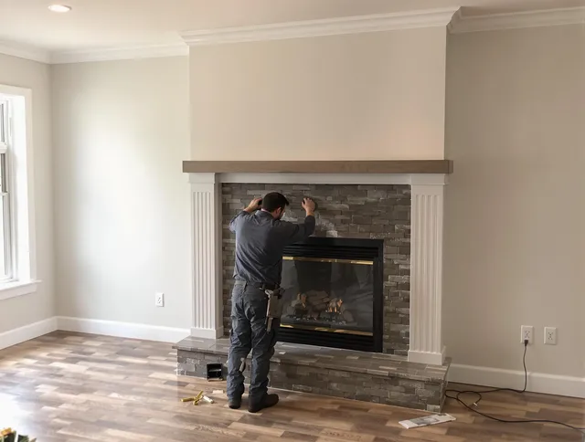 Grafton Chimney Sweep finishing a custom fireplace install in Grafton, MA